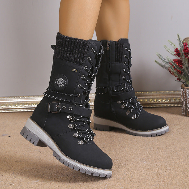 Women's Nordic Knit Combat Boot - High-Shaft Thermal Cotton Lined Snow Boots with Block Heel & Leather Accents Design (US 5-10.5)
