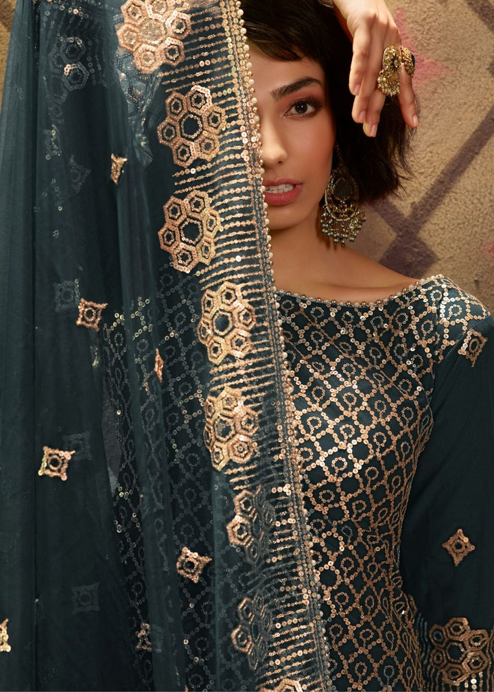 Rama Green Designer Soft Net Sharara Suit with overall Sequins work By Qivii