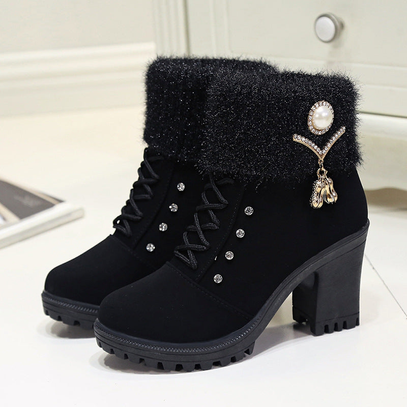 Women's Glam Knit-Cuff Boots - Rhinestone Decor Side Zip Block Heel Dress Boots (US 5-10)