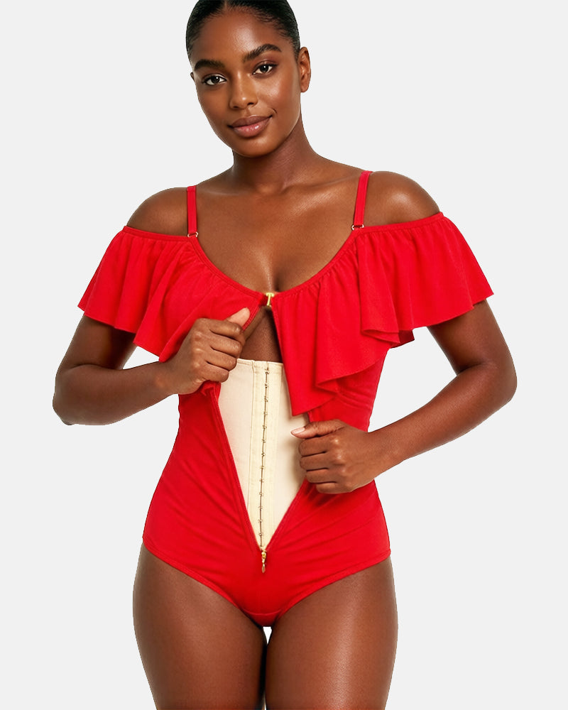 Shapshe® Fajas Colombianas One Piece Ruffled Tummy Control Triangle Swimsuit  - By Qivii