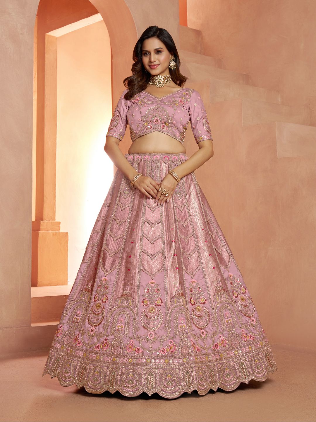 Premium Pink Banarasi Bridal Lehenga with Soft Pastel Tones