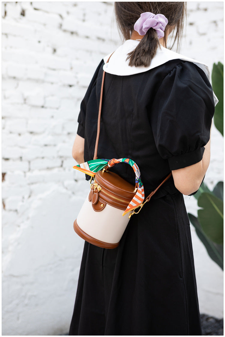 Women's Retro Color-Block Barrel Bag – Mini Cylinder Cosmetic Case with Detachable Silk Scarf & Chain Strap