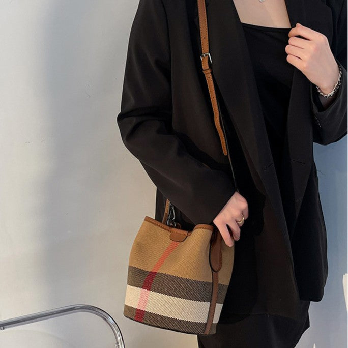 Women’s Regent Plaid Bucket Satchel — Heritage Check Full-Grain Leather Convertible with Detachable Pouch & Effortless Transition Carry
