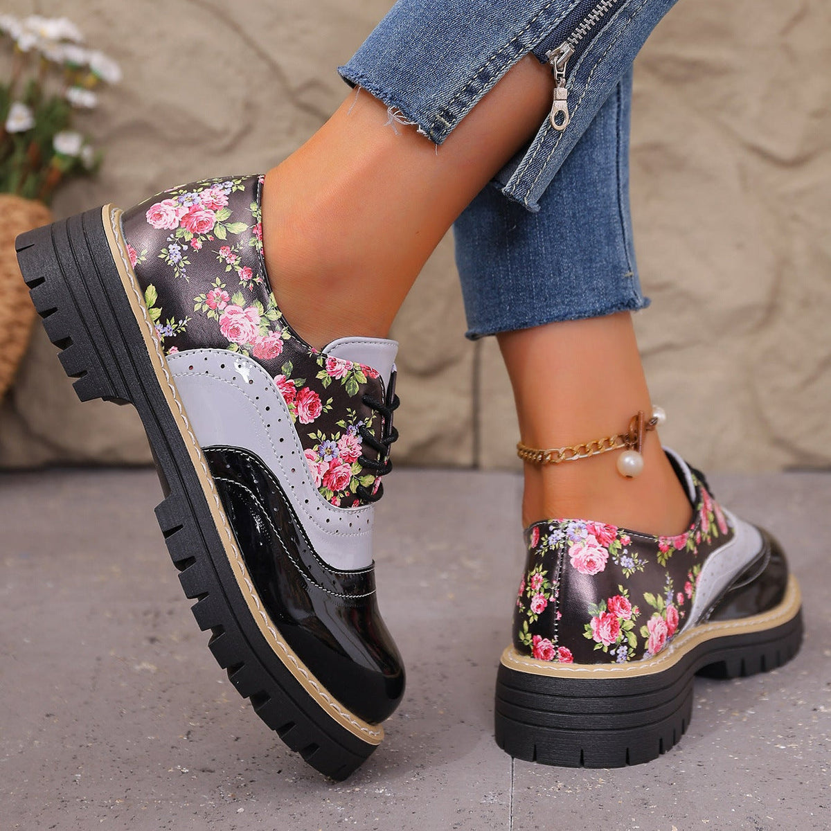 Women's Maribel Floral Brogue Shoes - Color-Block Chunky Platform Lace-Up Oxfords with Lug Sole (US 5-10.5)