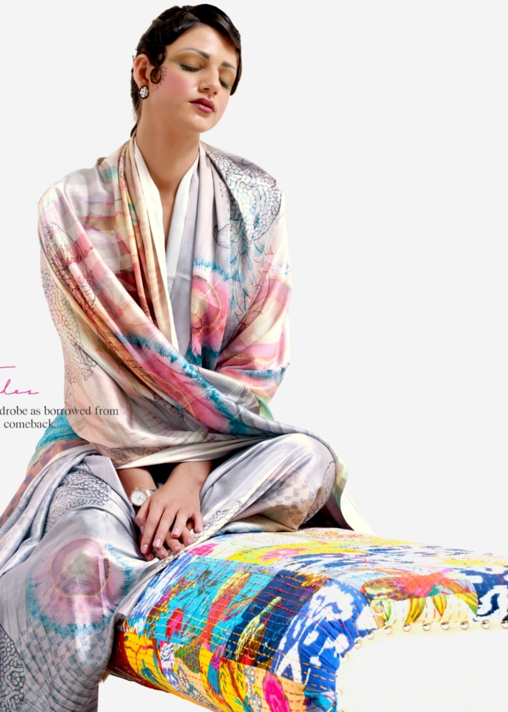 Silver Grey Digital Printed Satin Crepe Saree - qivii