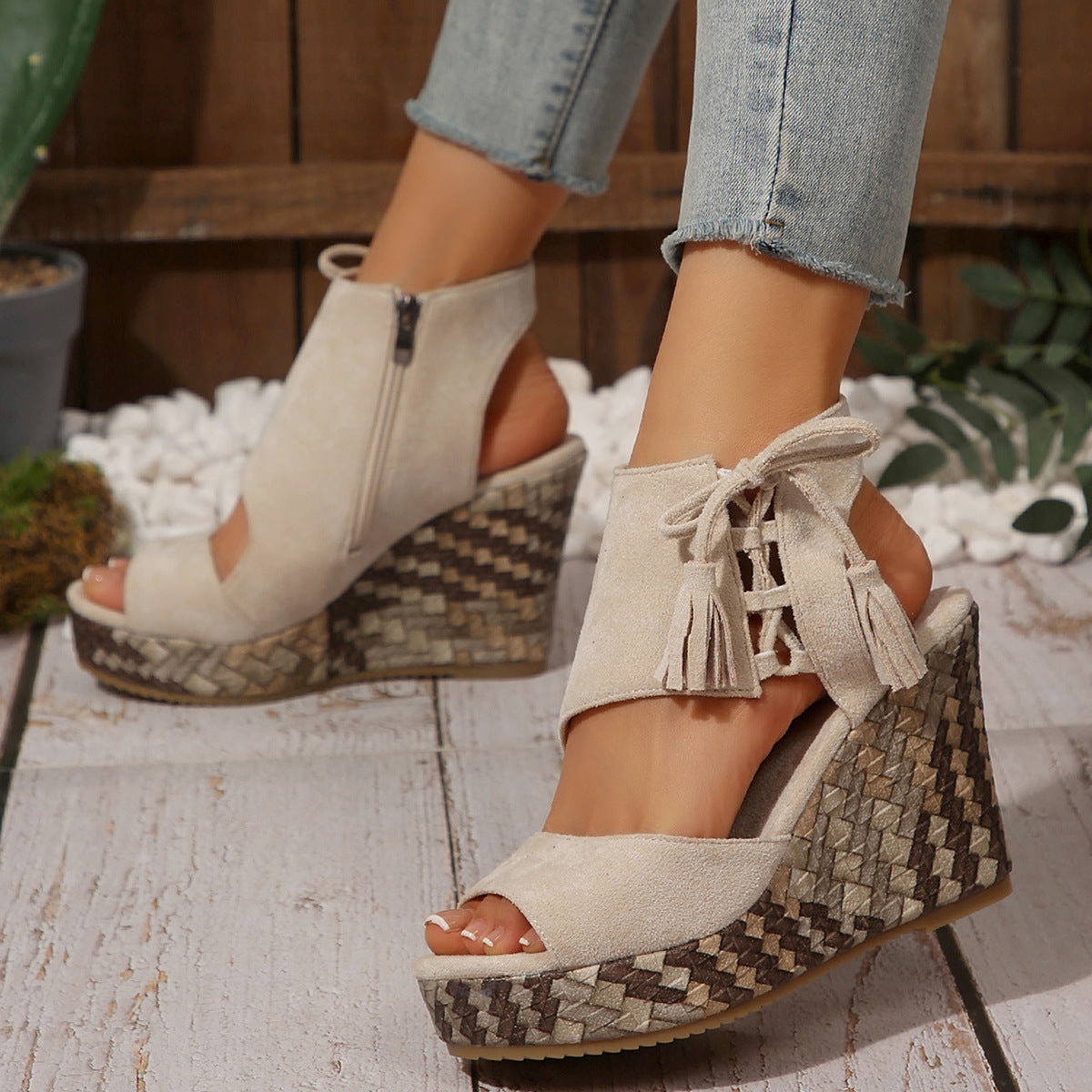Women's Plus Size Artisan-Crafted Tassel Cork Wedge Sandals – Fishmouth Design with Non-Slip Sole