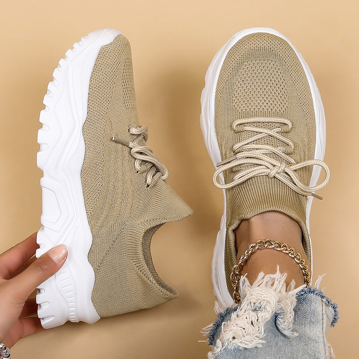 Women's Nyvelle Knit Sock Sneakers - Breathable Lace-Up Mesh Shoes with Chunky Ridged Sole (US 4-11)