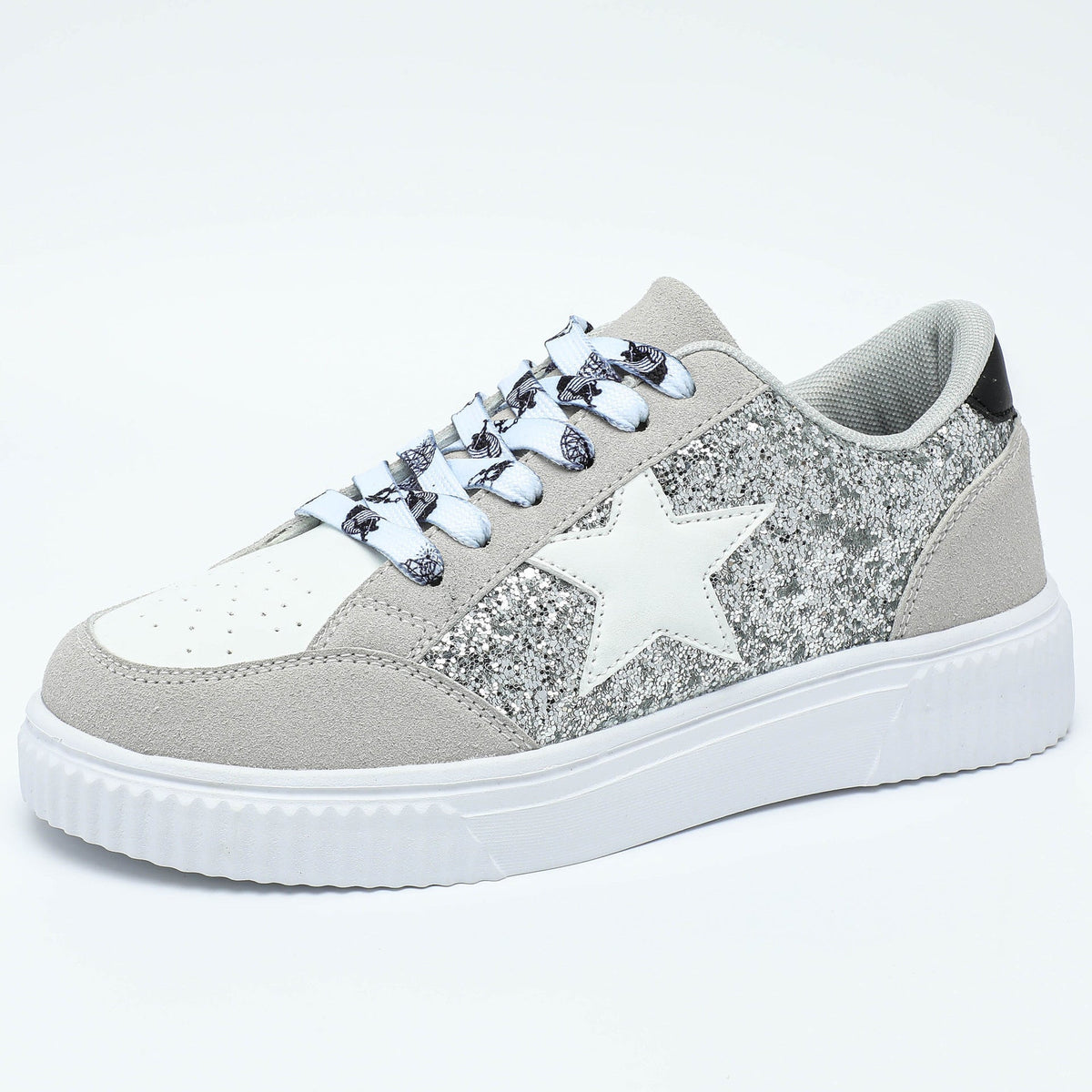 Women's Plus Size Trendy Sequins Skate Shoes - Soft Cushioned Lace-Up Casual Sneakers for Unisex Couples, Outdoor & School Streetwear