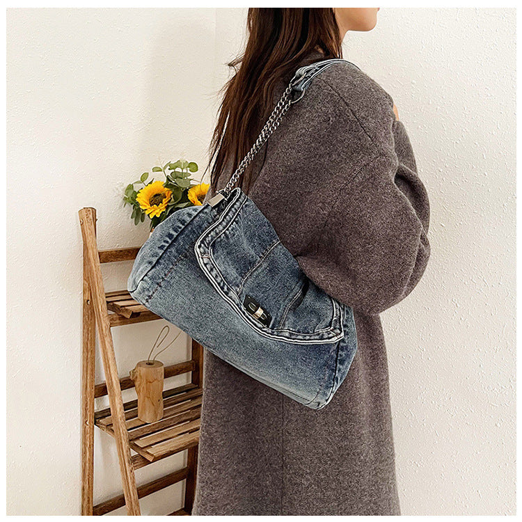 Women's Vintage Denim Tote Bag – Casual Chain Strap Shoulder Bag with Spacious Compartment Retro Commuter Essentials