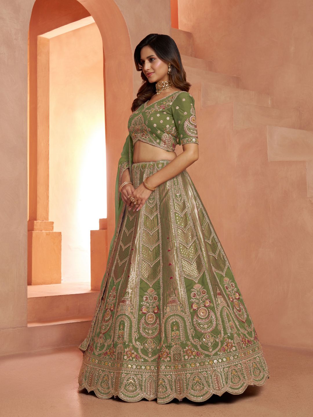 Green Banarasi Silk Festive Lehenga with Floral Pastel Shades
