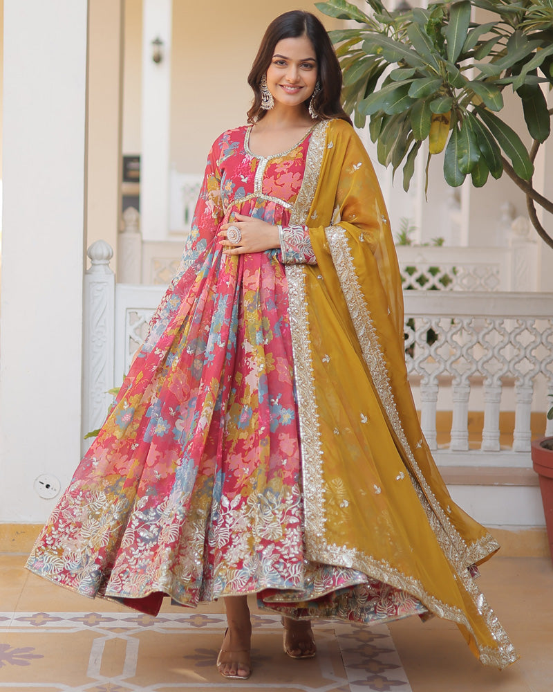 Beautiful red Alia cut gown with intricate floral embroidery and dupatta for weddings by Qivii