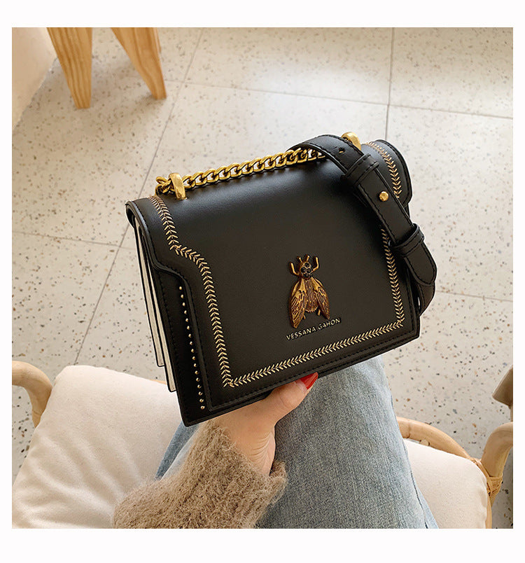 Women's Artisan-Crafted Distressed Crossbody Bag Small Box Purse with Stitched Rivets & Antique Gold Chain | Y2K Grunge Revival