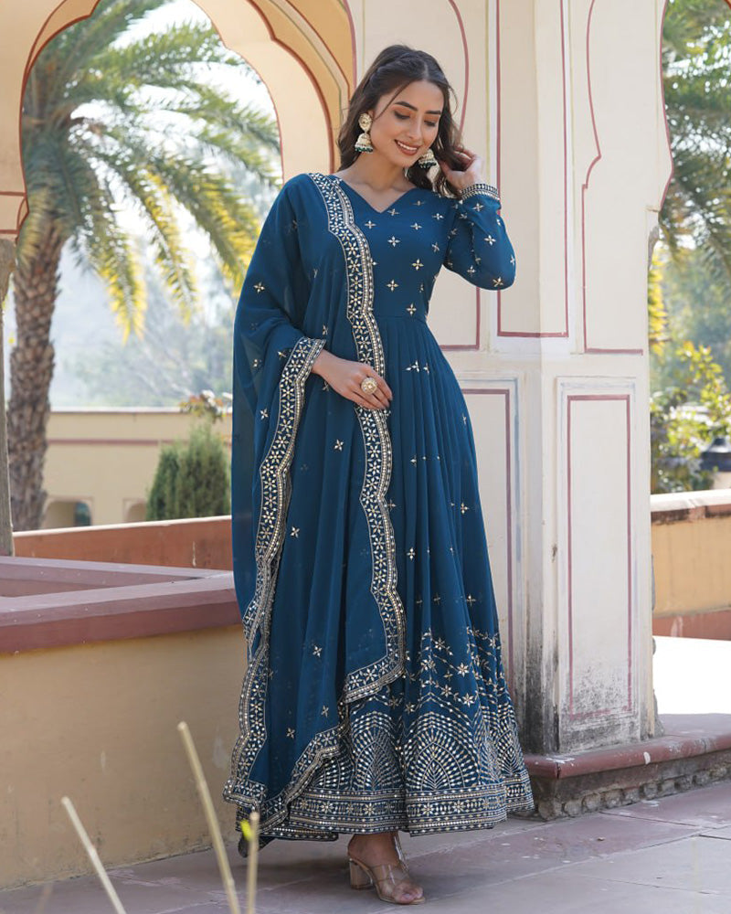 Rama Color Full Flair Anarkali Gown With Embroidered Dupatta  - By Qivii