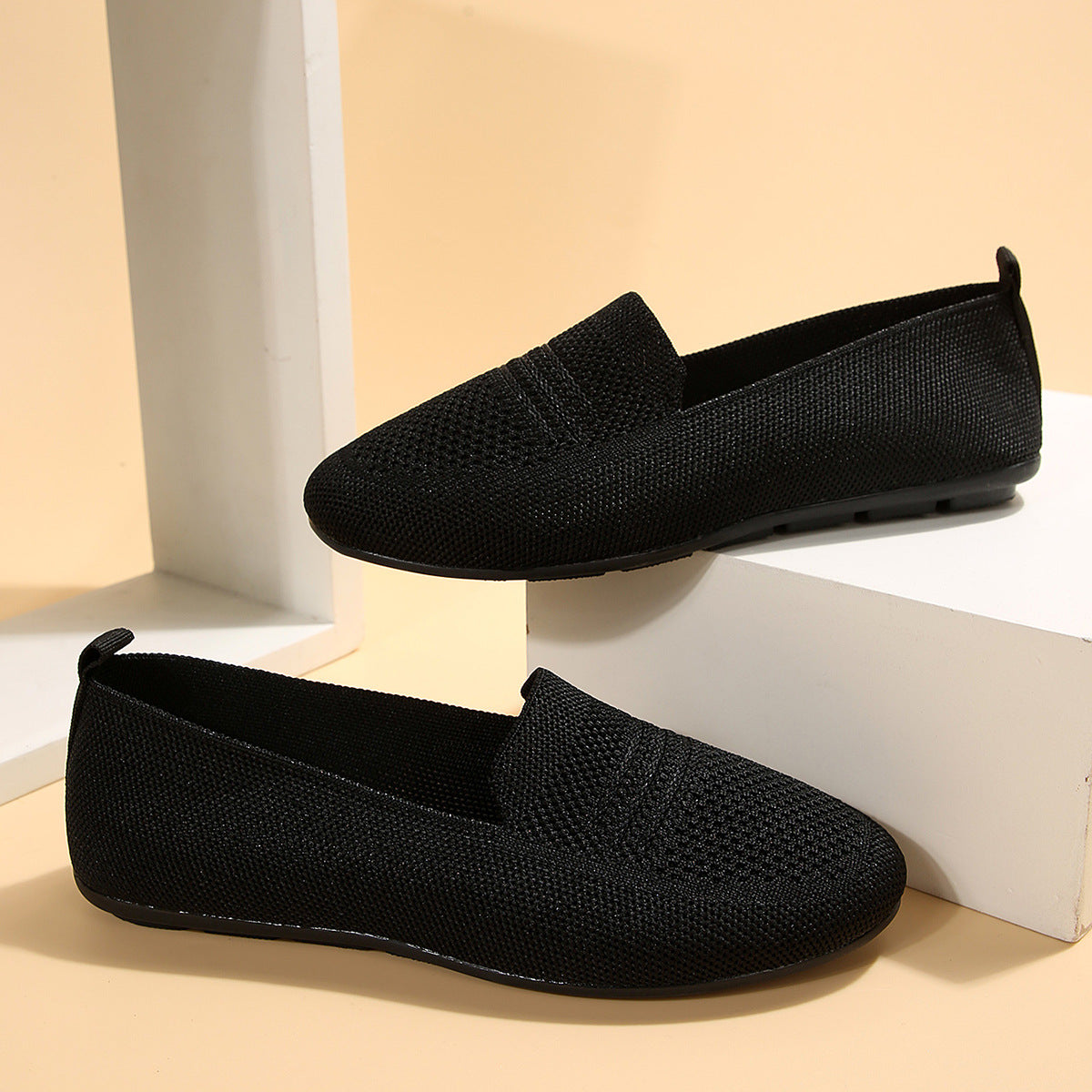 Women's Wide Width Casual Flat Slip On Shoes Breathable Knit Low Cut Soft Sole Comfort