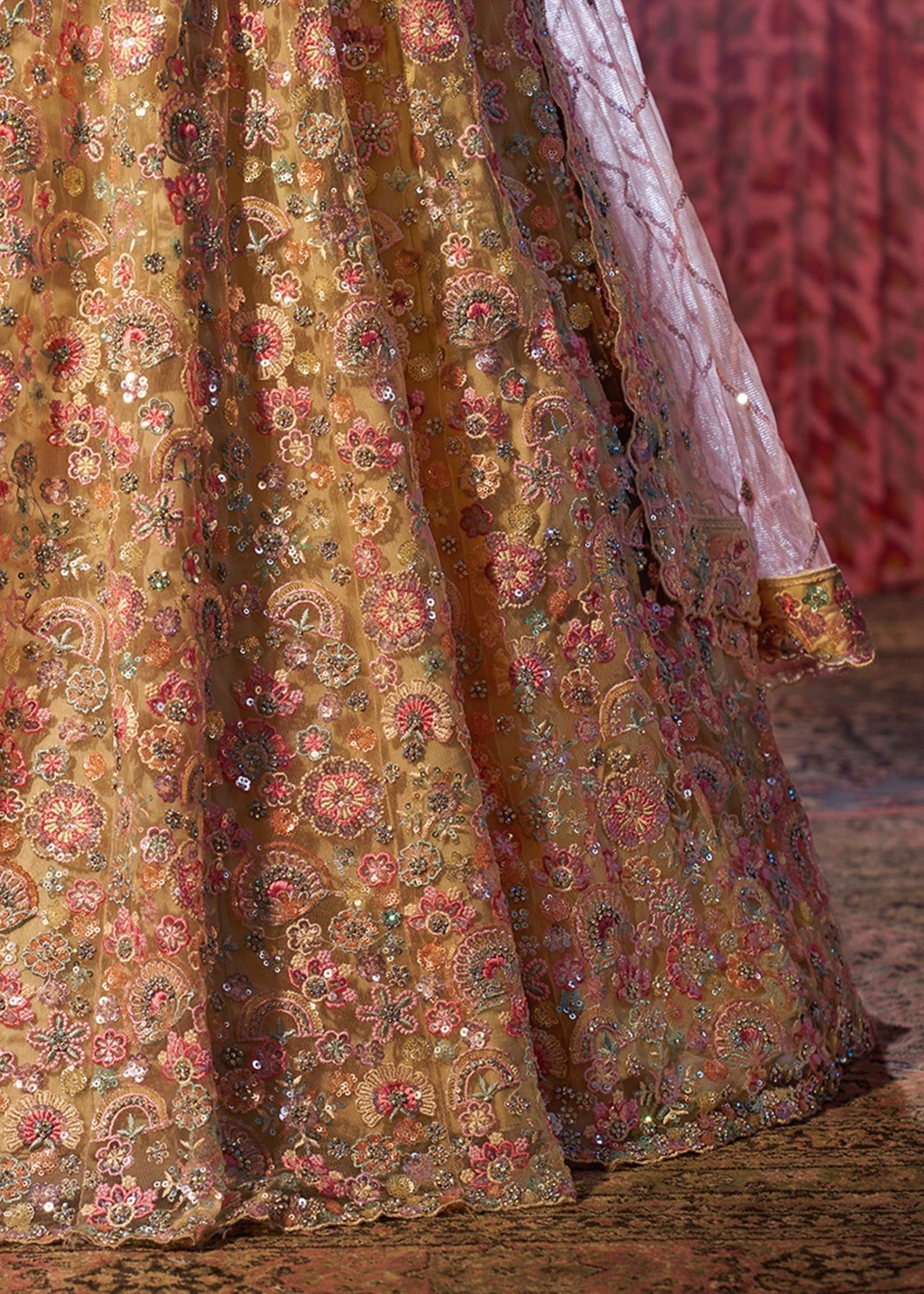 Beige Sequins Thread work Net Lehenga | Ready To Wear - qivii