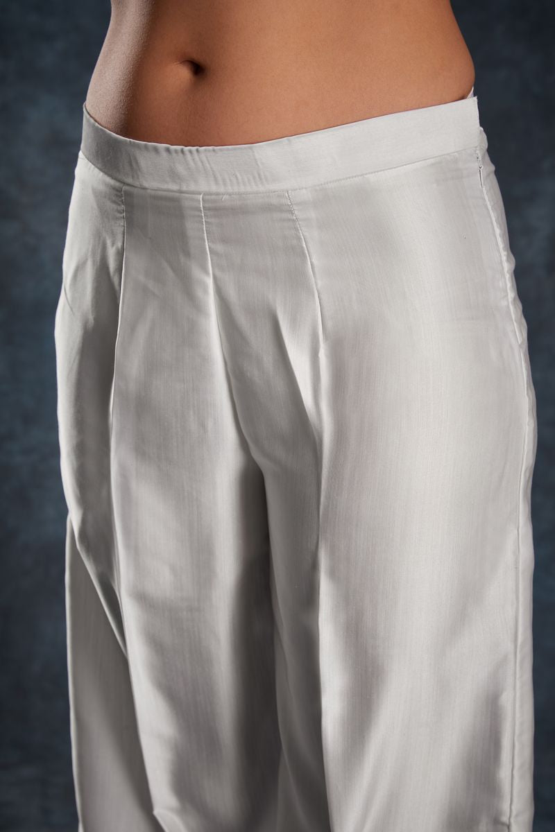 WHITE LINEN SATIN PRINTED TOP,PANT CO-ORD SET - qivii