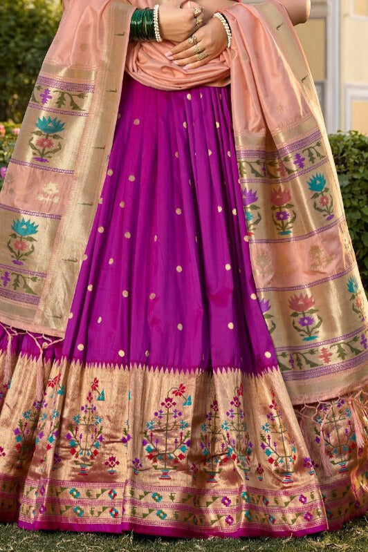 Captivate hearts and turn heads in our Jacquard Silk Paithani Lehenga Choli in Purple Color