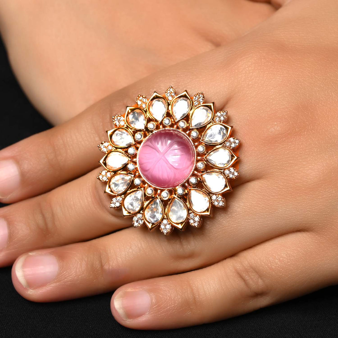  Close-up of Binita Pink Stone Gold Plated Kundan Ring, highlighting the vibrant pink stone and gold plating