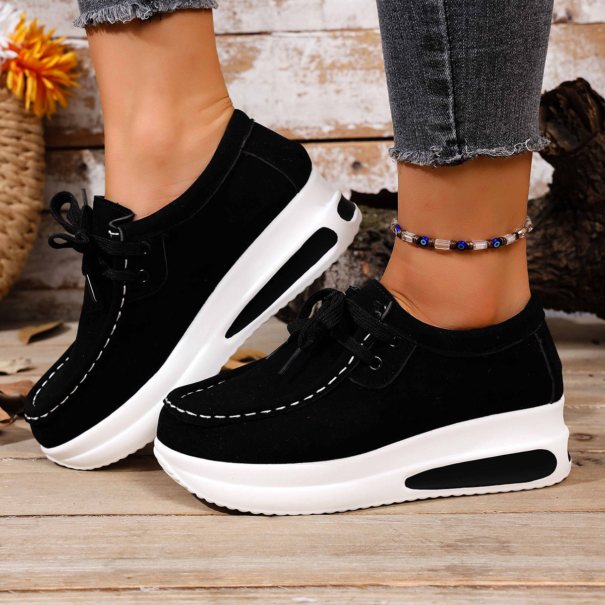 Women's Chunky Sole Lace-Up Loafer - Casual Wedge Heel Shoes (US 5-10.5)