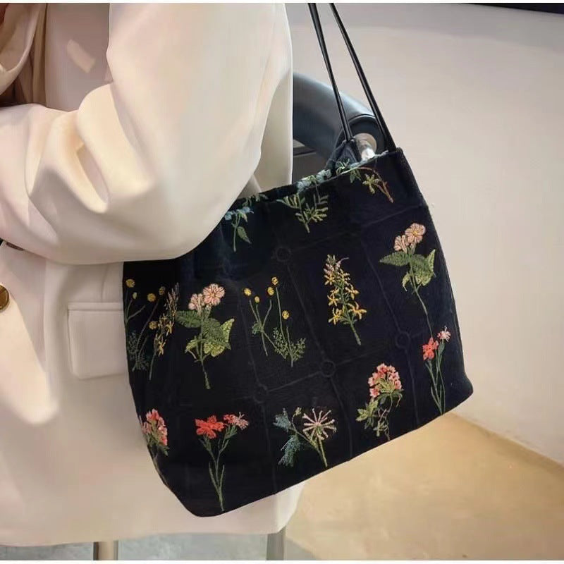 Women's Atelier Bloom Bucket — Artisan-Embroidered Canvas Commuter Tote with Structured Base & Dual Carry