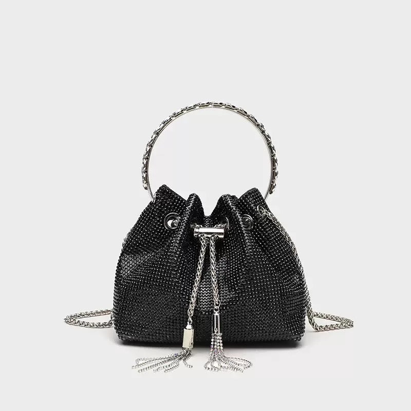 Women's Celestial Cache Bucket - Crystal-Encrusted Drawstring Minaudière with Detachable Constellation Chain