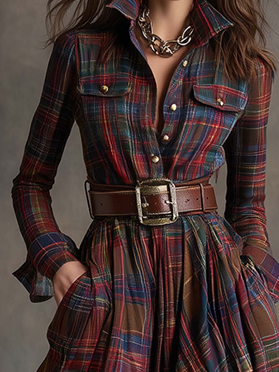 Scarlett | Plaid Maxi Shirt Dress Long Sleeve Belted Dress by Qivii