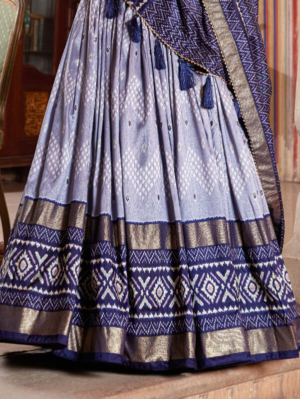 Tussar Silk Dot and Ikkat Print With foil work Lehenga Choli in Navy Blue Color