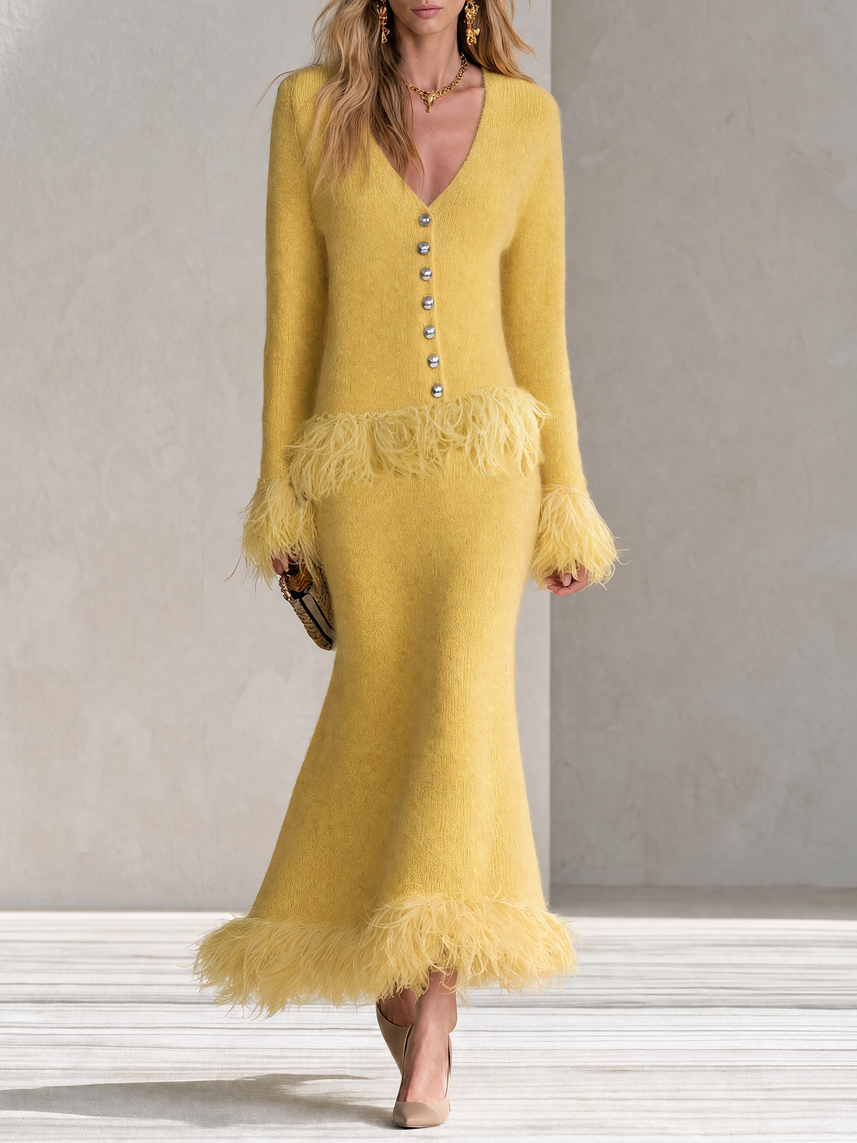 Yellow knitted skirt set with feather fringe details, stylish retro-chic women's clothing by Oyrosy Clothing.