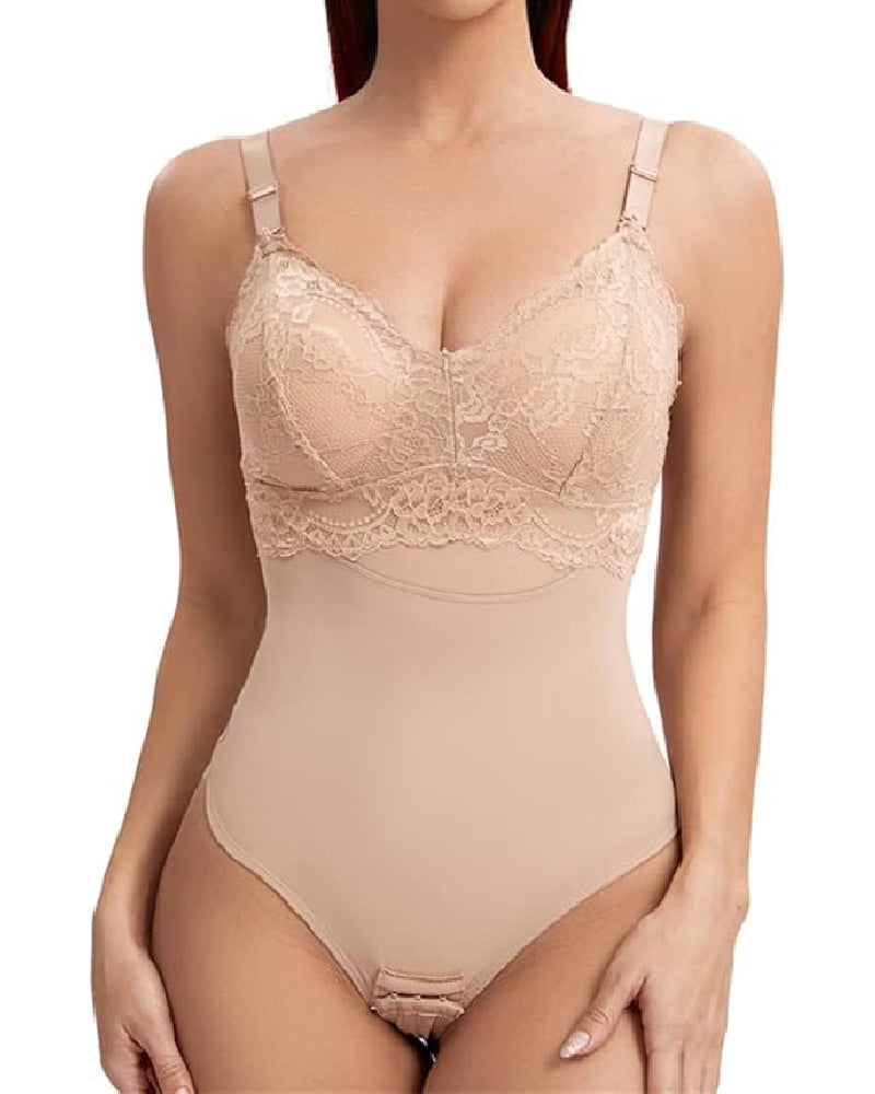 Seamless Lace Slimming Waist Bodysuit Tummy Control Thong Shapewear With Bra  - By Qivii
