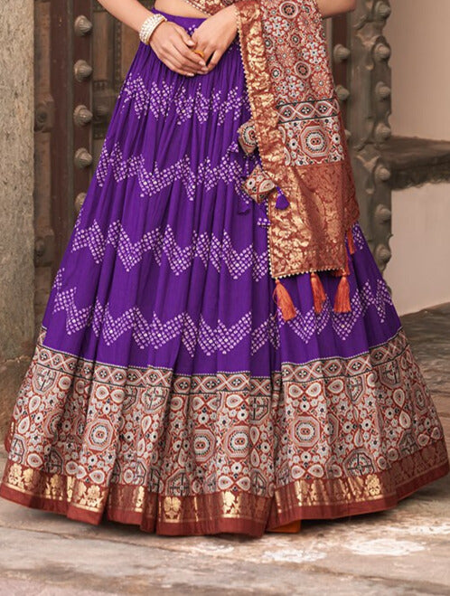 Tussar Silk Dot And Ajarakh With Foil Print Lehenga holi in Purple Color