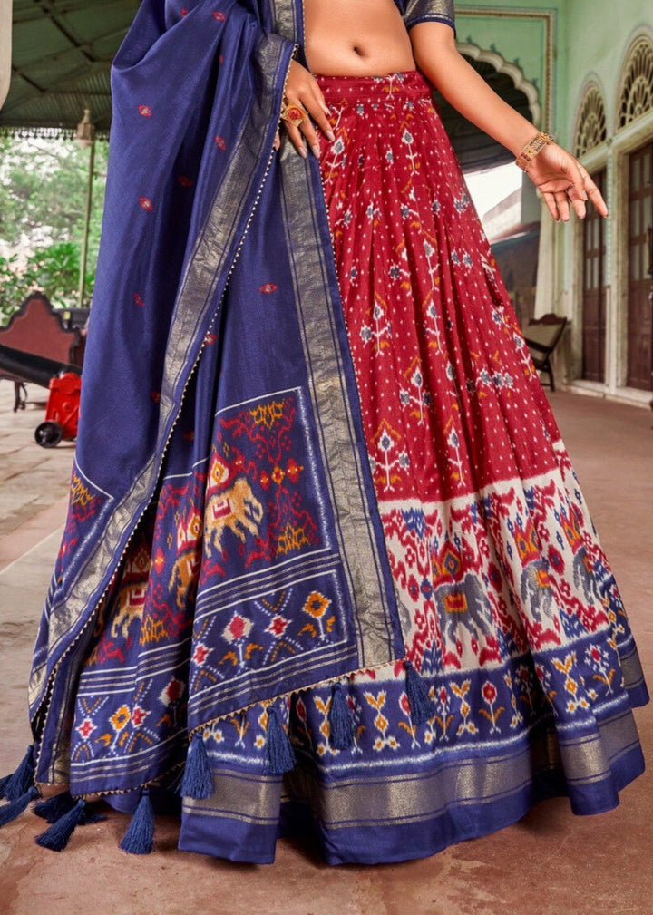 Tussar Silk Patola Print With Foil Work Lehenga Choli In Red Color