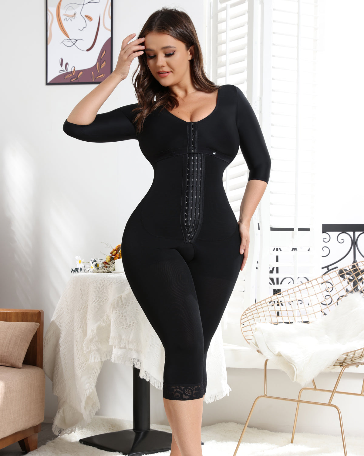 Shapshe® Black Women's Mid-sleeveJumpsuit with Tummy Control Butt Lift Shapewear  - By Qivii