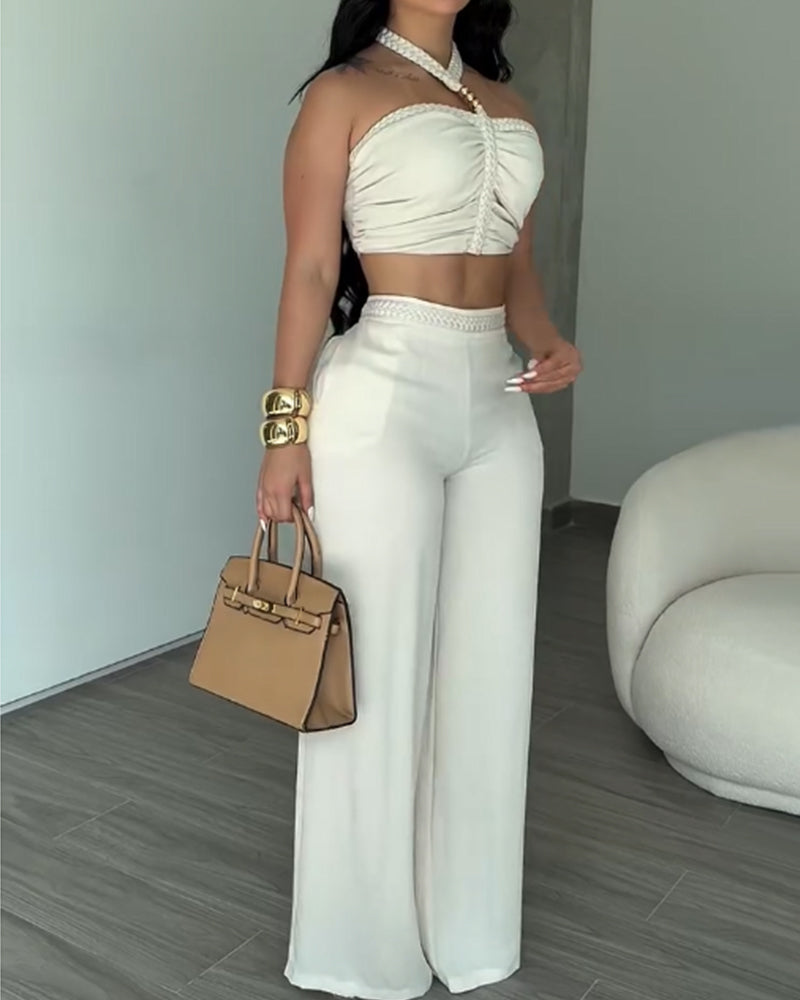 2 Piece Braided Trim Two Piece Outfit with Flared Trousers  - By Qivii