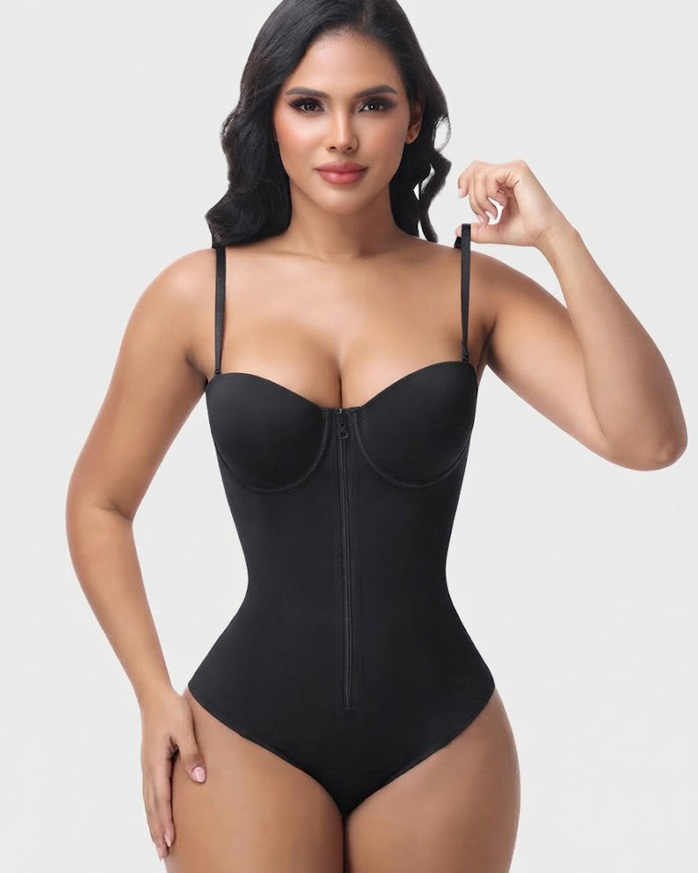Front Zip Adjustable Strap Back Lace Up Bodysuit Tummy Control Shapewear