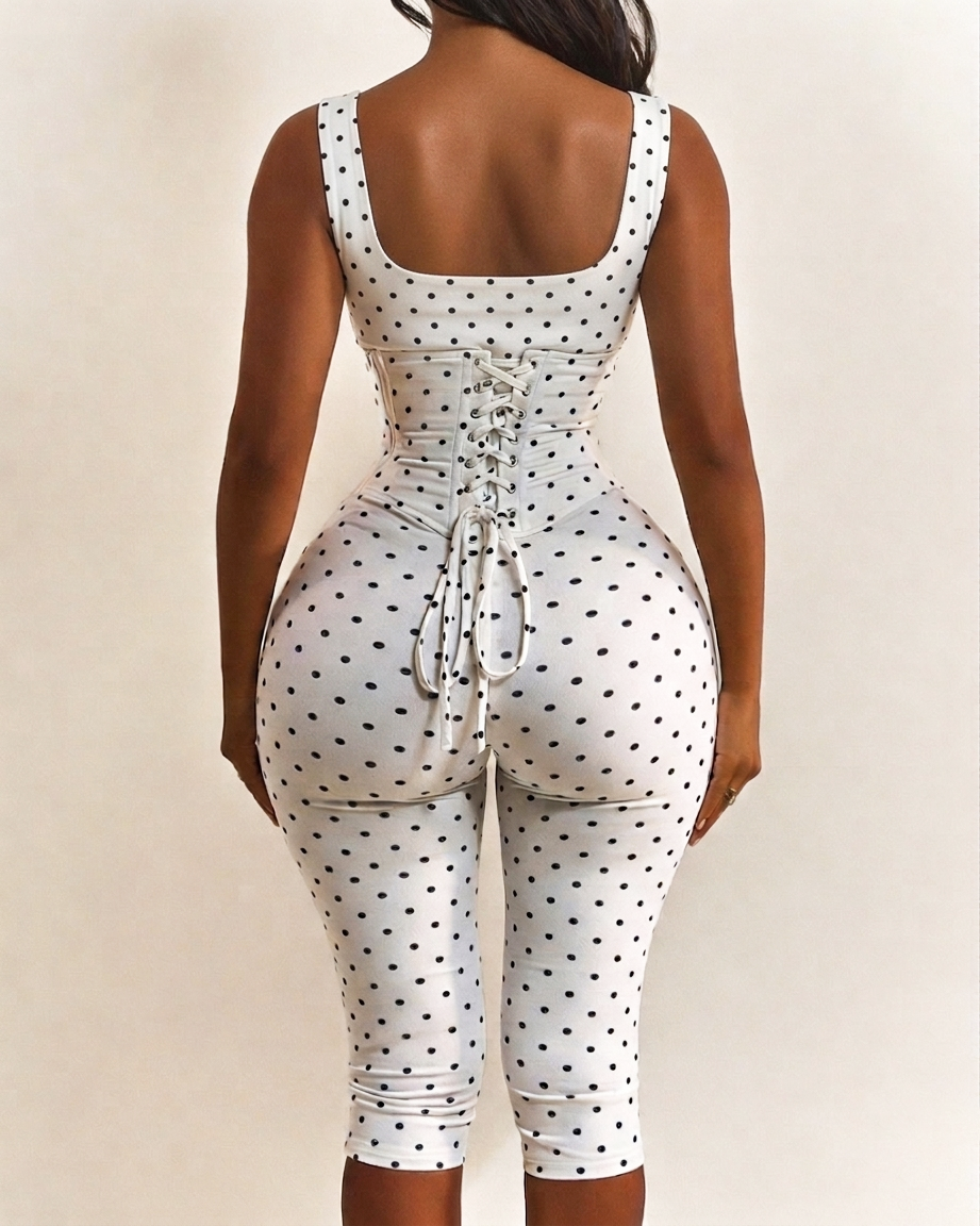Polka Dot Square Neck Capri Jumpsuit with Hourglass Detachable Corset Two-Piece Set  - By Qivii