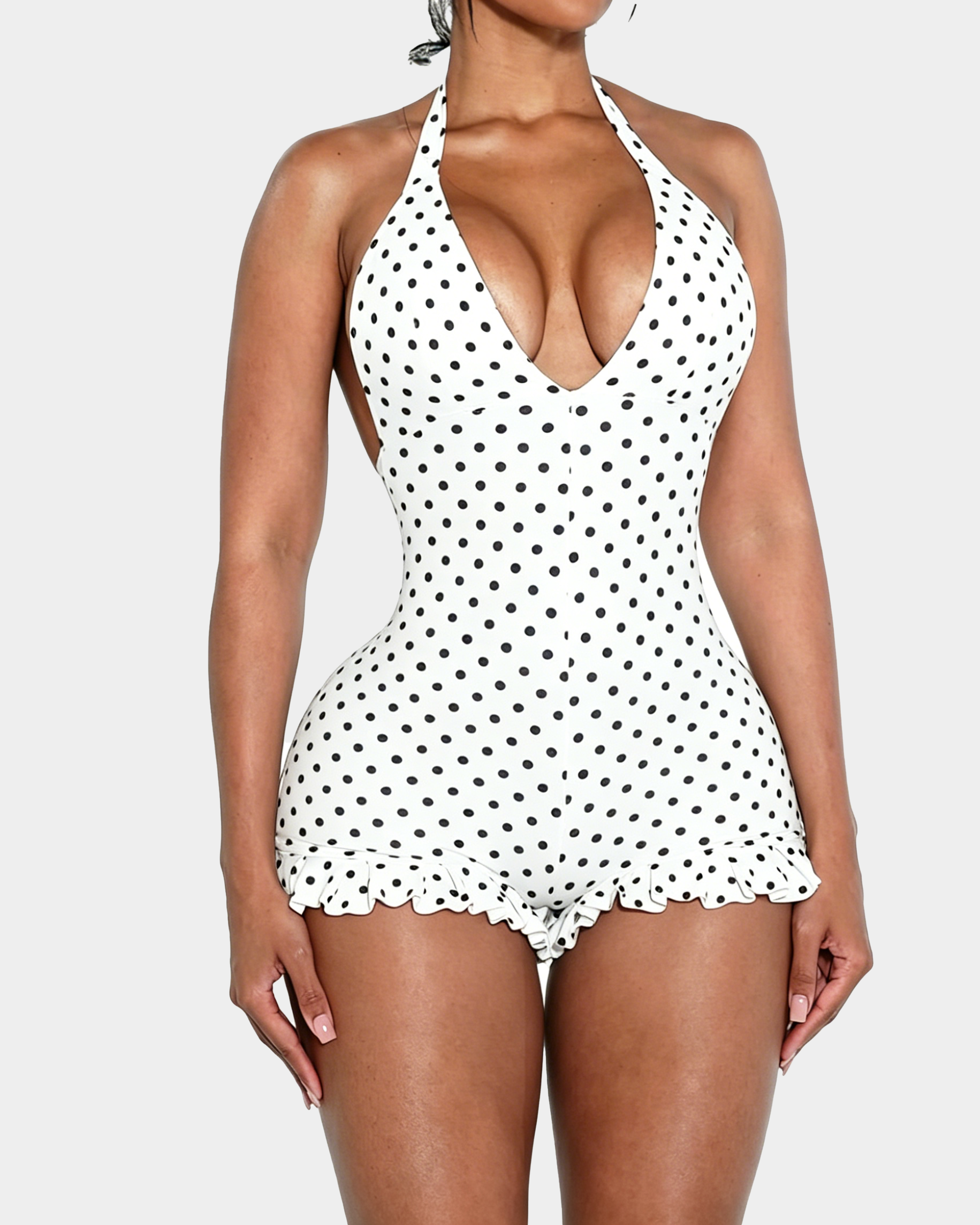 Polka Dot Halter Neck Ruffle Hem Romper  - By Qivii