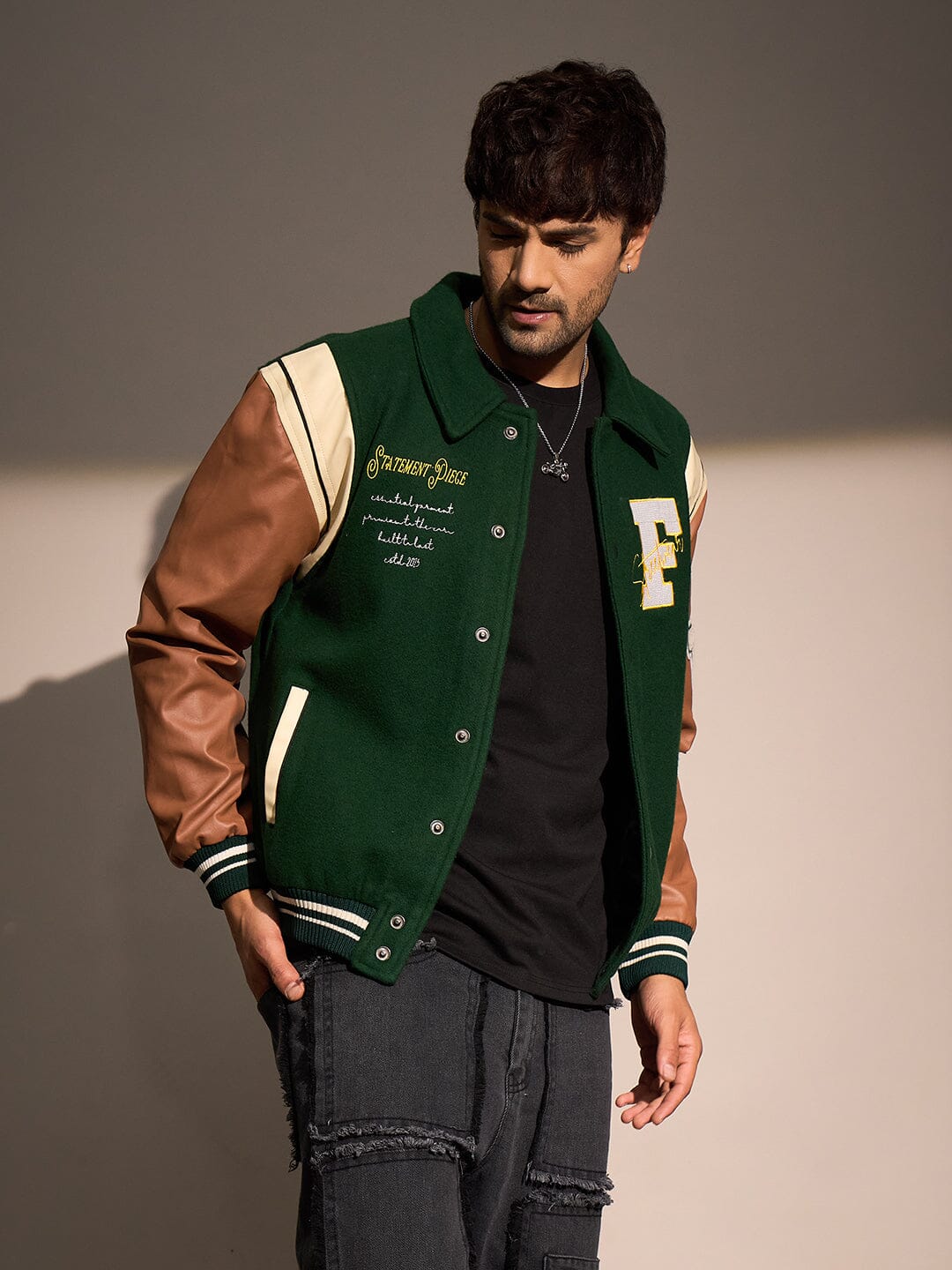 Green Statement Woollen Varsity Jacket