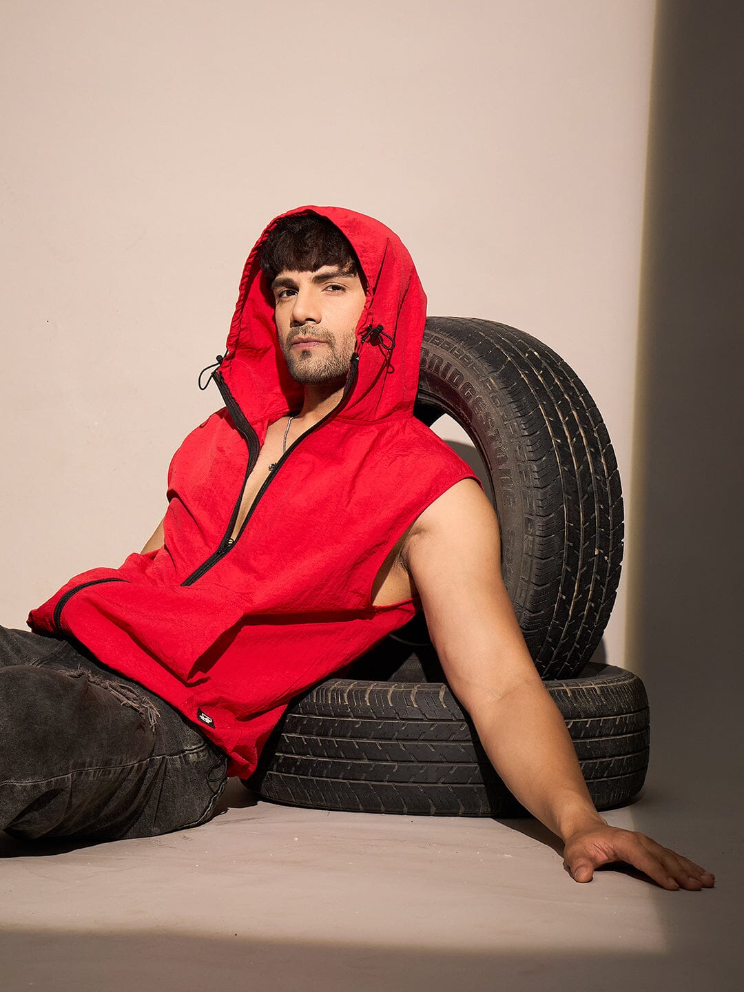 Red Crushed Nylon Sleeveless Windbreaker Jacket