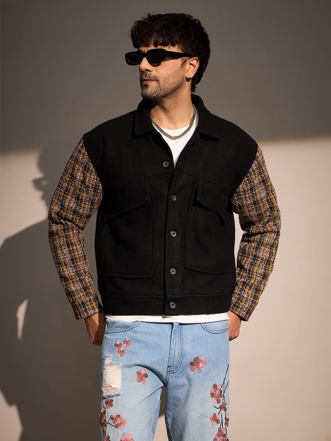 Black Woollen Contrast Sleeves Aviator Jacket