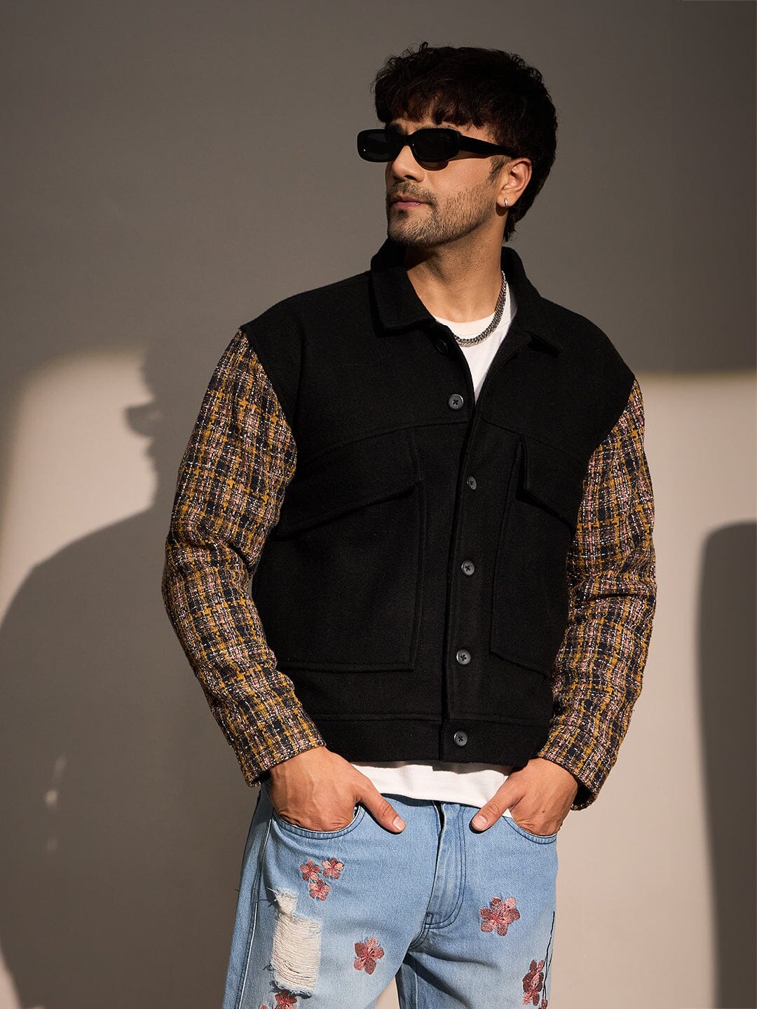 Black Woollen Contrast Sleeves Aviator Jacket