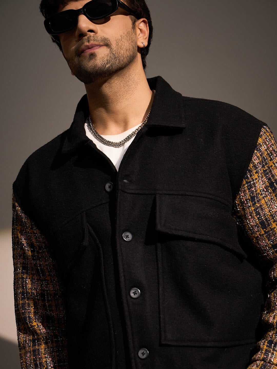 Black Woollen Contrast Sleeves Aviator Jacket