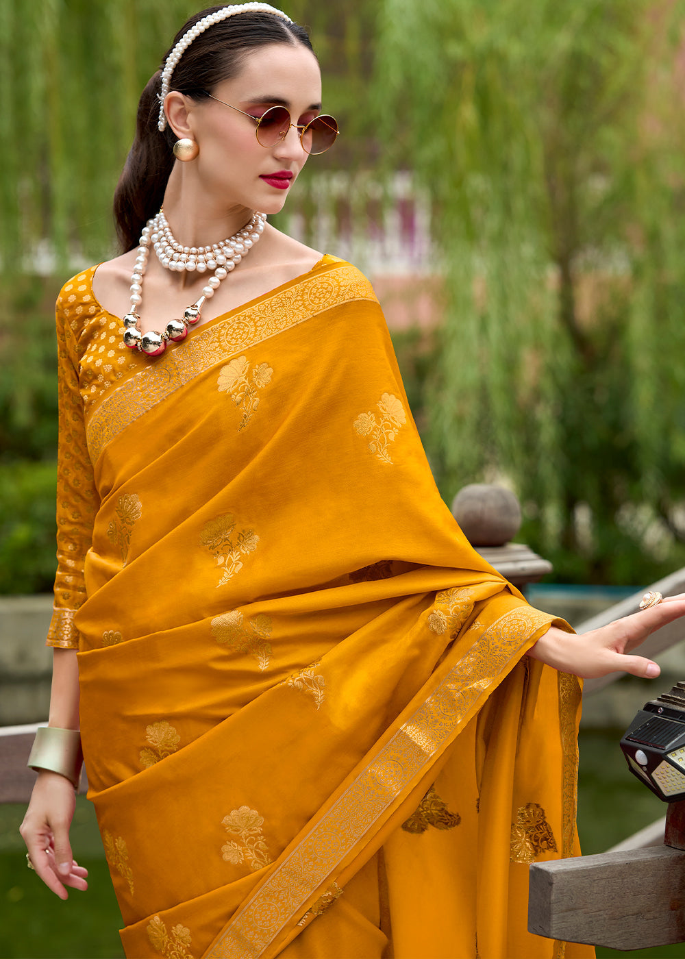 Saffron Yellow Zari Woven Satin Silk Saree