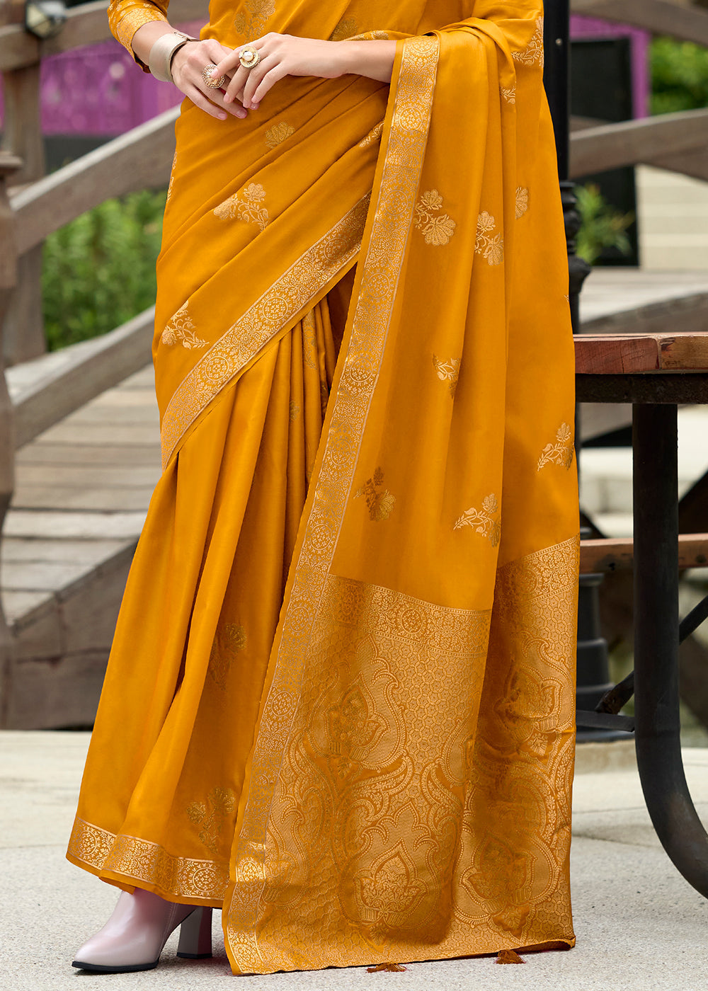 Saffron Yellow Zari Woven Satin Silk Saree