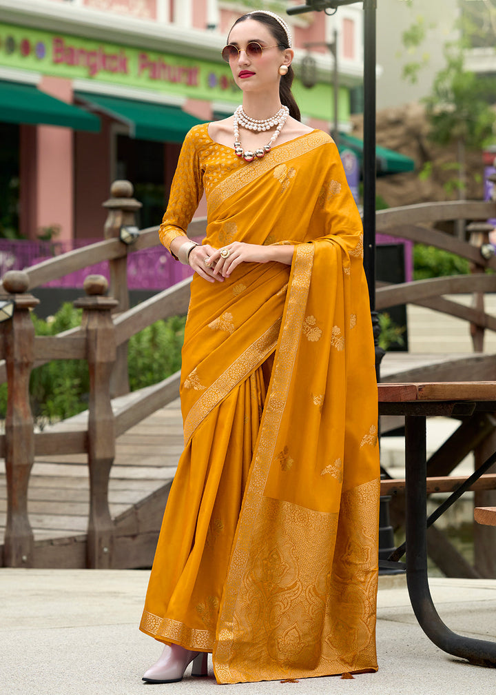 Saffron Yellow Zari Woven Satin Silk Saree