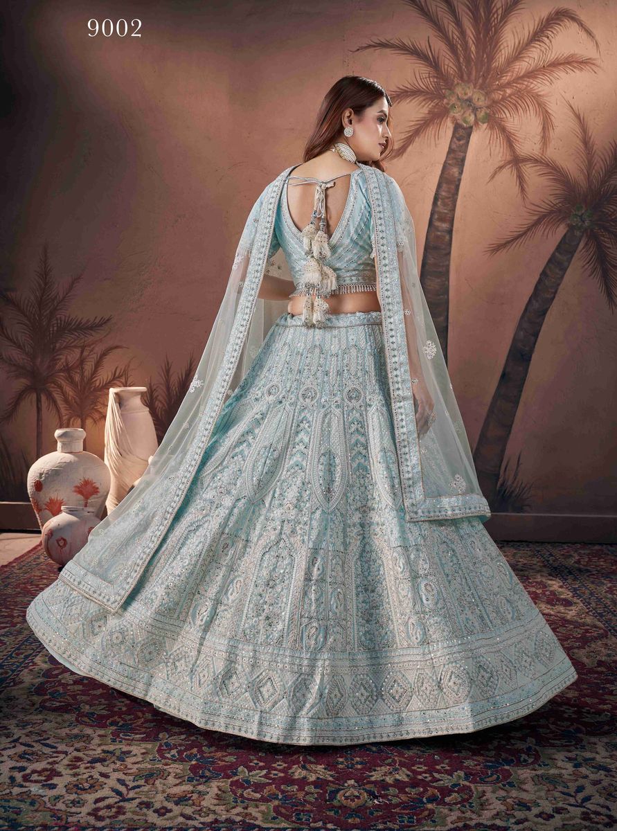 Elegant and Exquisite Premium Net Sky Blue Heavy Handwork Bridal Lehenga Choli with Rich Handcrafted Detailing