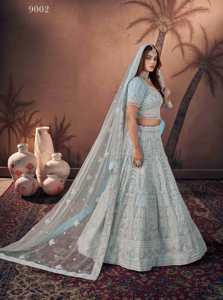 Premium Net Sky Blue Heavy Handwork Bridal Lehenga Choli