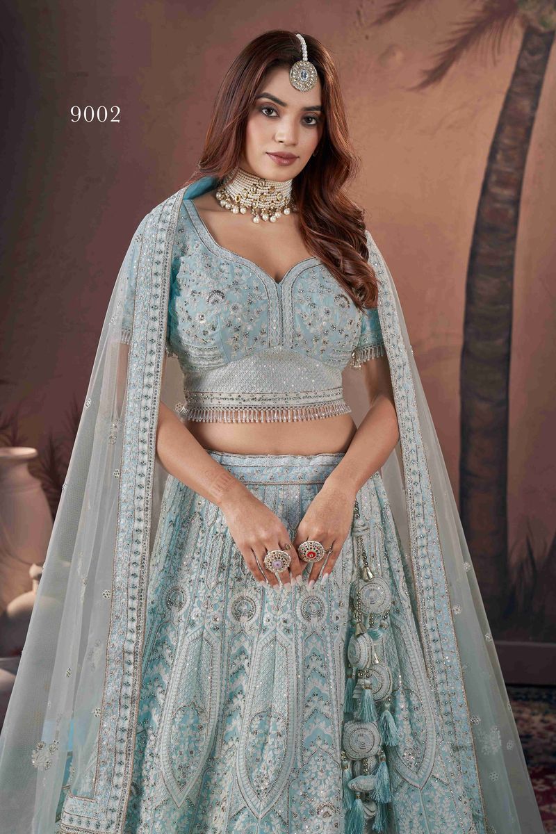 Premium Net Sky Blue Heavy Handwork Bridal Lehenga Choli