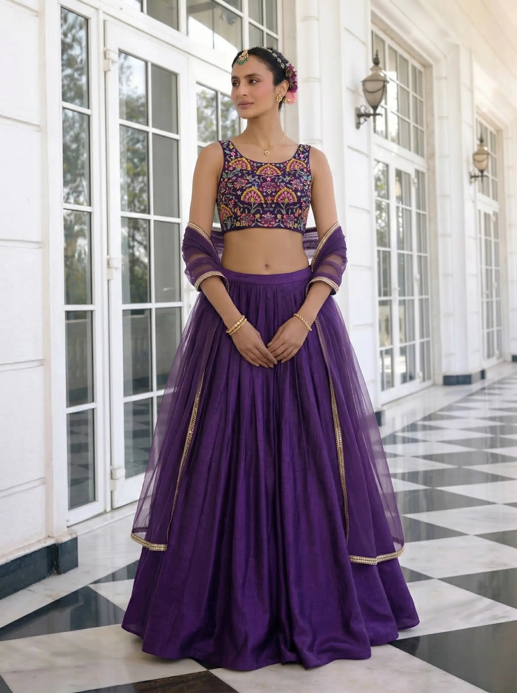 Dark Purple Embroidered Silk Lehenga