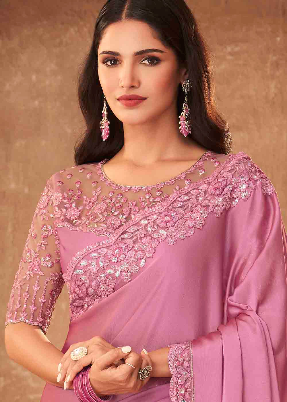 Ultra Pink Designer Embroidered Satin Silk Saree with Sequence work