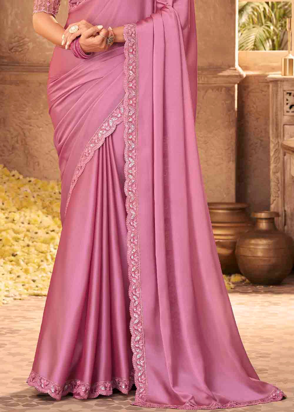 Ultra Pink Designer Embroidered Satin Silk Saree with Sequence work